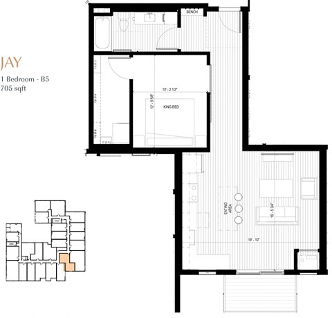 Floor plan for 1 bed, 1 bath, 705 sqft